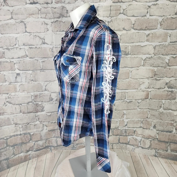 Panhandle Slim Plaid Pearl Snap Shirt Embroidered Blue Red Size Medium - Picture 15 of 16